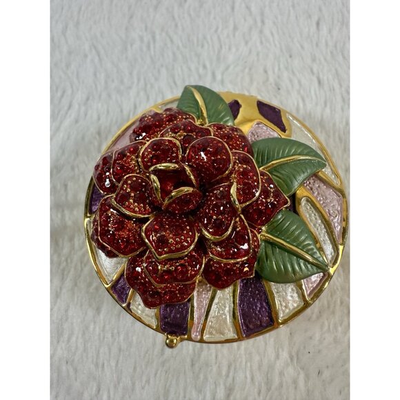 Red Peony Floral Jewelry Trinket Box Austrian Crystal Enamel Royal Gem Hinged - Picture 2 of 9